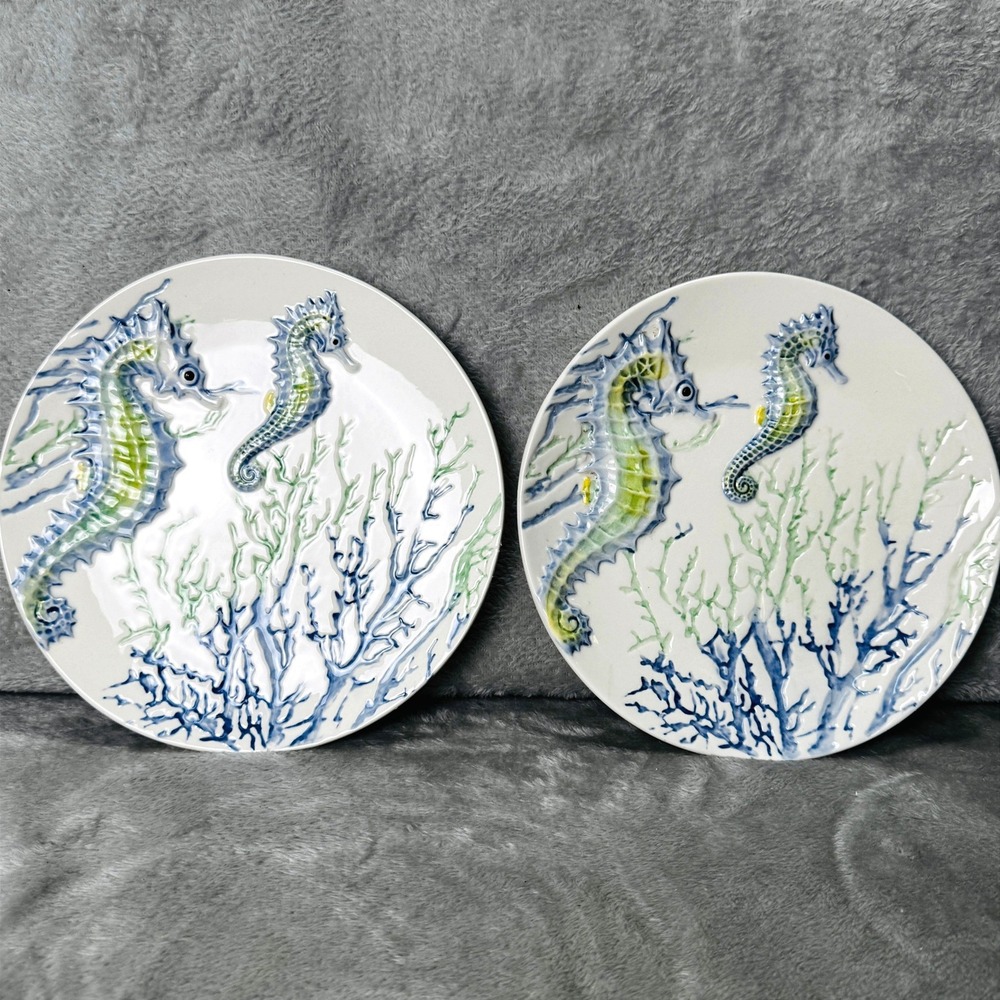 Cracker Barrel Seahorse Plates Set 2 Coastal Beach Decor Embossed Stoneware